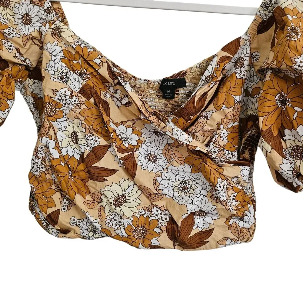 J. Crew Blouse Medium Brown Puff Short Sleeve Cotton Crop Top Zinnia Floral Boho